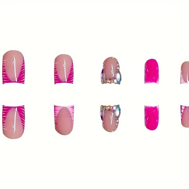 24pcs Medium Duck Bill Nail Art Set, Rose Color, Striped & Rhinestone Decorations, Glossy Finish, Easy to Apply, for All Girls & Ladies, Stylish Acrylic Nails