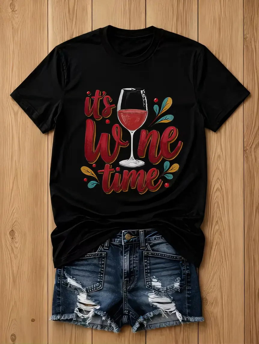 It's Wine Time T-Shirt - Black Crew Neck Short Sleeve with Colorful Text and Wine Glass Design