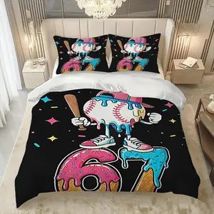 3pcs Cartoon Baseball Sweet Fun Bedroom Bedding Set, Background Humanized Baseball, Donut Ice Cream Elements, Soft