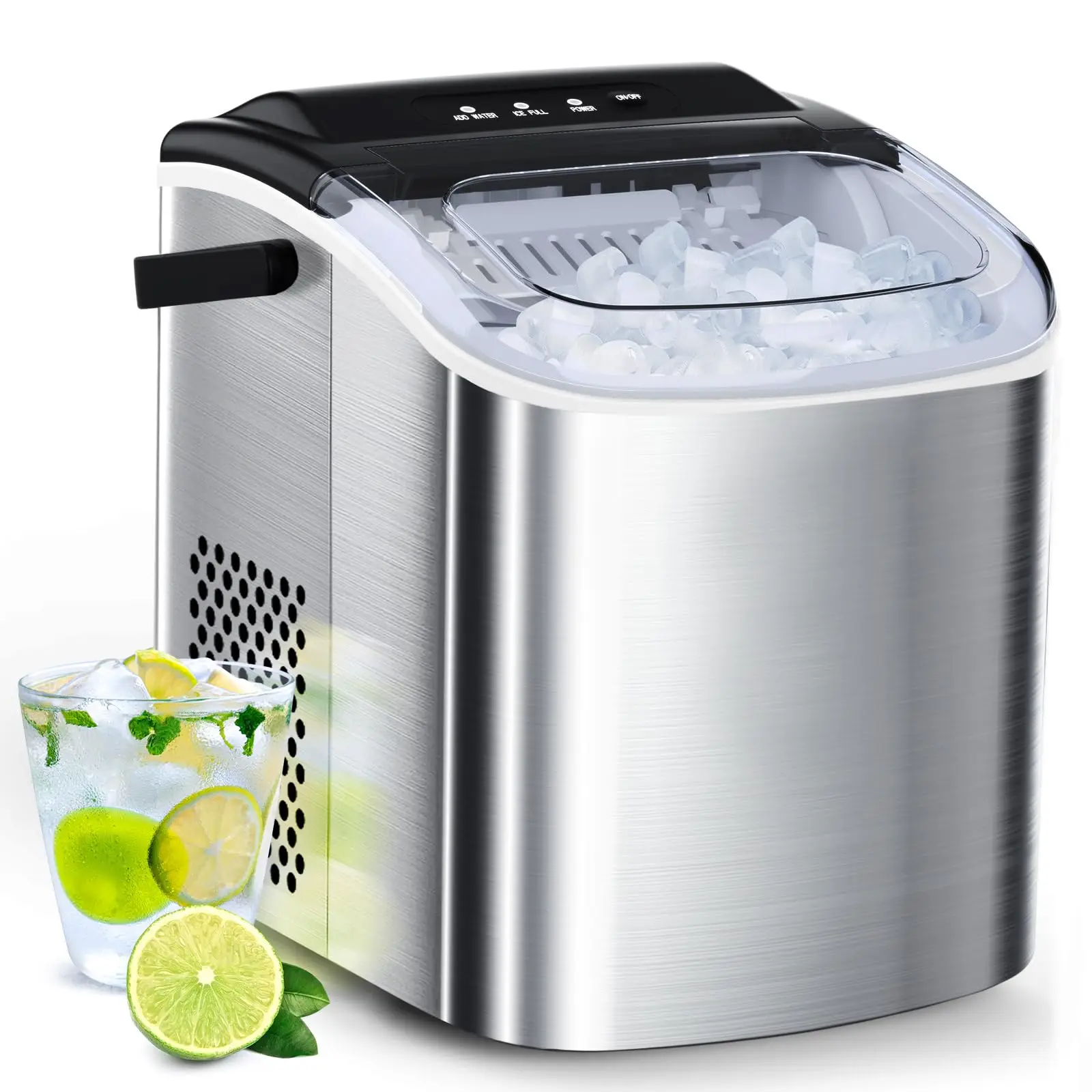 ZAFRO Stainless Steel Ice Maker Countertop, 26Lbs/24H, 9 Cubes Ready in 6-8 Mins, Self-Cleaning Portable Ice Maker with Handle, for Home/Office/Bar (S