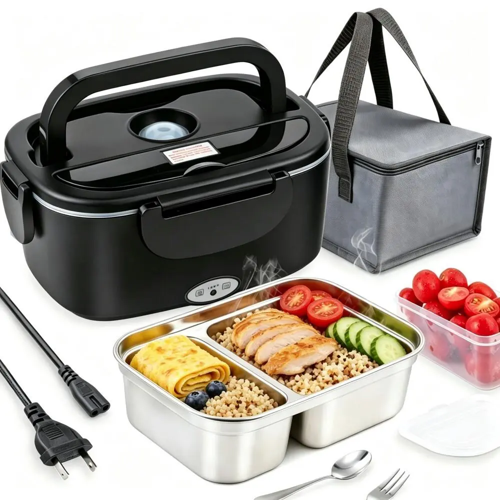 100W High Efficiency Heated Lunch Box 1.5L 304 Stainless Steel Portable Electric Food Warmer 12V/24V/110V for Car Truck Office Adults