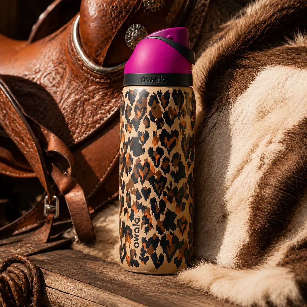 Owala Wild At Heart 32oz FreeSip Insulated Stainless Steel Water Bottle - Leopard Printed, Leakproof, Stylish Travel Drinkware with Lid and Loop, Women's Gift, Straw