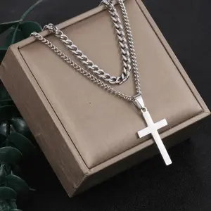 [Shipping From US] gift Fashionable vintage titanium steel cross pendant necklace, creative personality double Cuban chain necklace gold necklaces gold silvery cheap