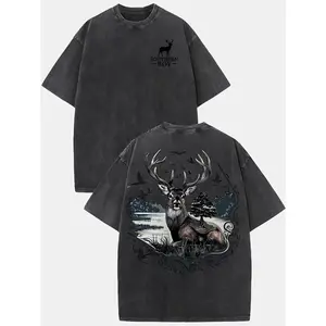 Men's Vintage Southern Boy T-Shirt - Relaxed Fit Washed Cotton Tee with Deer & Forest Print for Daily Casual Wear & Outdoor Gatherings, Machine Washable All-Season