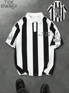 Hot New York Street Style Polo Shirt, Rhinestone Flame & Statue Print, Loose Striped Polo, Fashionable Streetwear