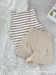 Women's Fashion Korean Style Gentle Striped Round Neck Sleeveless Vest Top Set, High Waist Short Pants, Casual Summer Womenswear