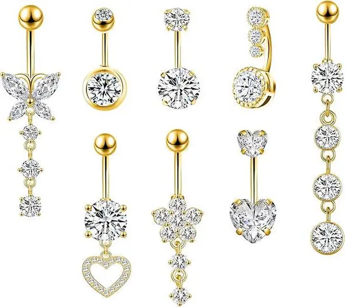 Women's 8PCS 14G Corrosion-Free Surgical Stainless Steel Basic Belly Piercing Set - 10mm Bar Length, 20-50mm Pendant Options, Rhinestone, Flower, Butterfly, Heart Motifs Navel Jewelry for Female Trendsetters (Birthday Gift Option)