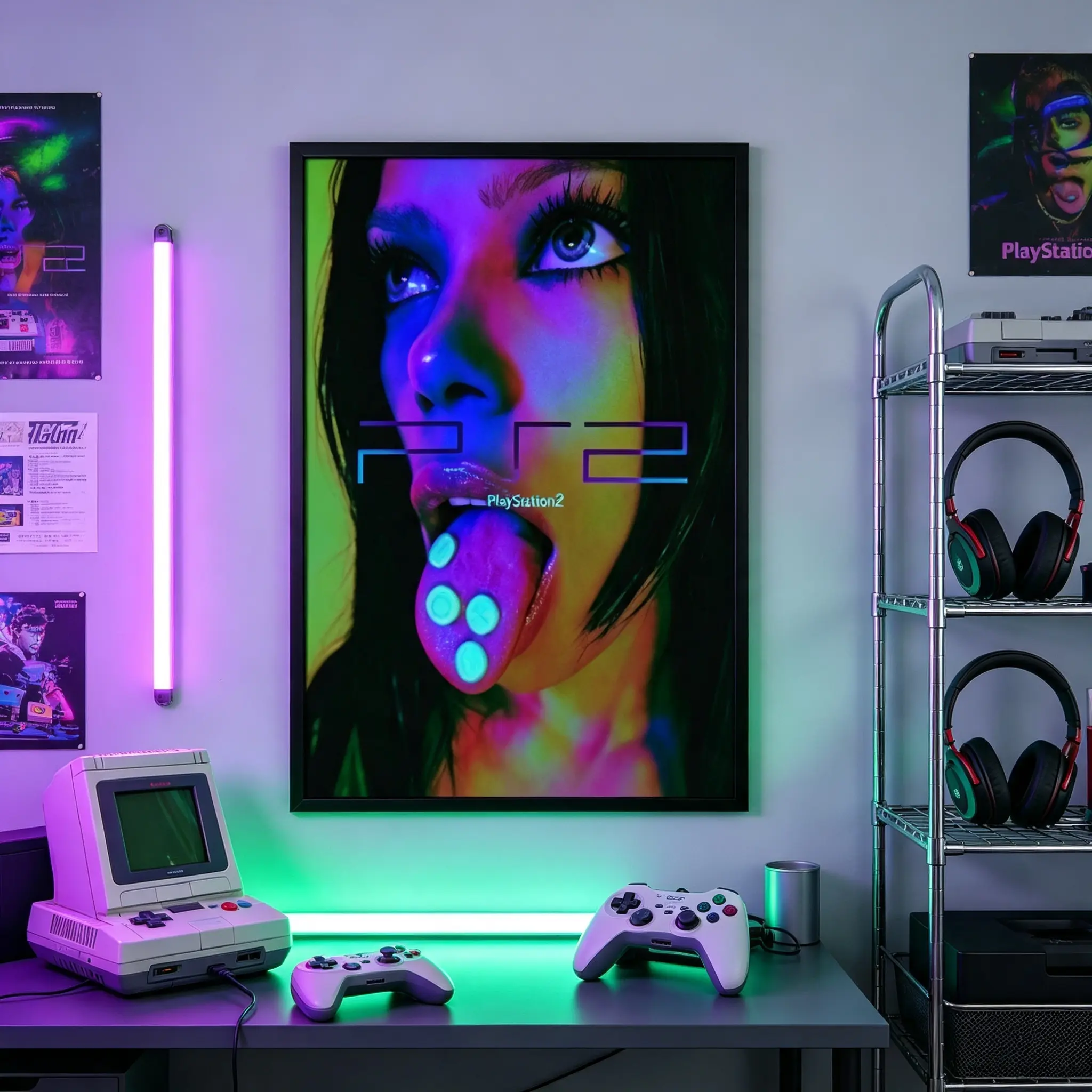 Y2K Retro PS2 Game Ad Wall Poster，Vibrant Neon Gamer Room Art Print，Trendy Aesthetic Wall Decor For Gaming Bedroom & Dorm, Decoration, Room Accessories