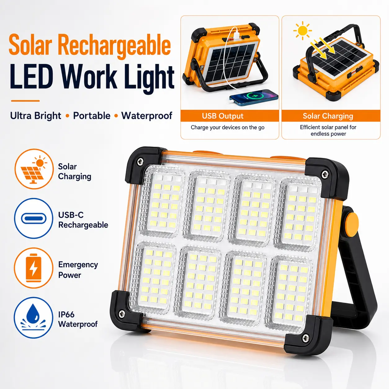 1pc Upgraded Cordless Solar Rechargeable LED Work Lamp - Portable Waterproof Jobsite Light, USB-C Charging, Emergency Power Bank, 12-24H Runtime, Handheld Outdoor LED Flashlight Camping Lantern for Garage, Hiking/Light Outdoor Use