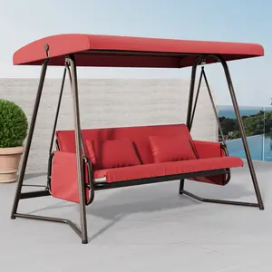 Outdoor Patio 3 Seaters Metal Swing Chair Swing Bed with Cushion and Adjustable Canopy Durable Metal Frame