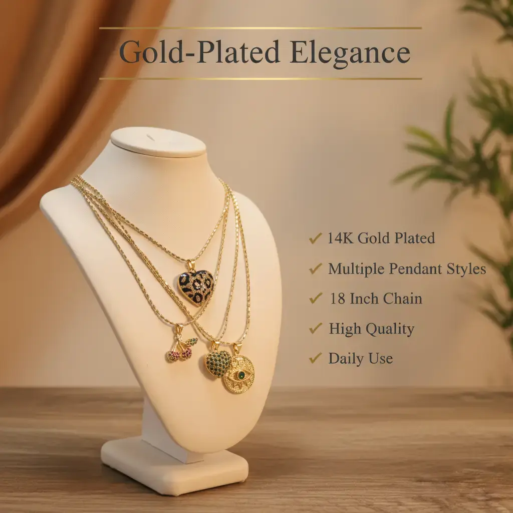 Amtiari Pendant Necklace – 14K Gold Plated, High Quality, 18” for Daily Use (Multiple Pendant Styles)