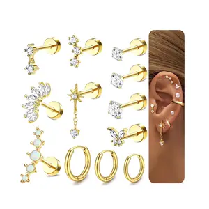 20G Cartilage Piercing Jewelry Flat back Helix Earrings for Women Hypoallergenic Surgical Steel Gold Cartilage Hoop Earring Set Daith Tragus Conch Flat Back Stud Earrings