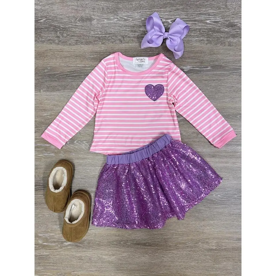 Follow Your Heart Pink Stripe Purple Sequin Girls or Toddler Skirt & Long Sleeve Top Valentine's Day or Everyday Outfit