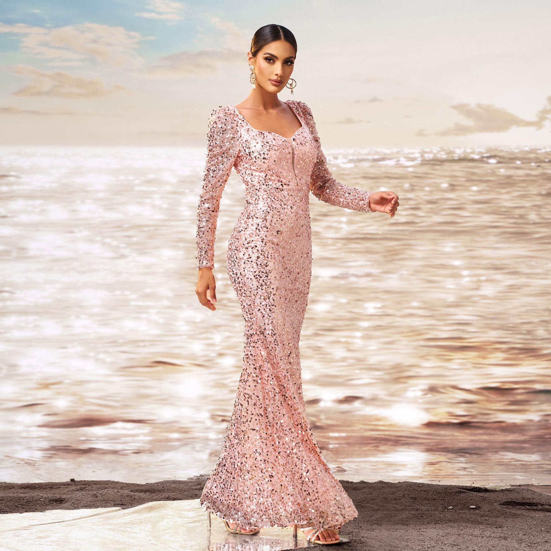 Long Sleeve Square-neck Sequined Sheath Fishtail Evening Dress