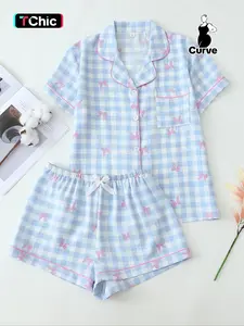 Women's Plus Size Plaid Bow Print Cute Summer Pajama Set, Casual Fitted Short Sleeve Top and Shorts, Home Wear, Loungewear, Comfortable Woven Fabric