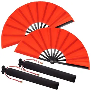 2 Packs Large Clap Fans for Line Dancing Large Chinese Folding Hand Fans for Men and Women, Festival, Tai Ji, Kungfu, Martial Art, Gifts (Red)