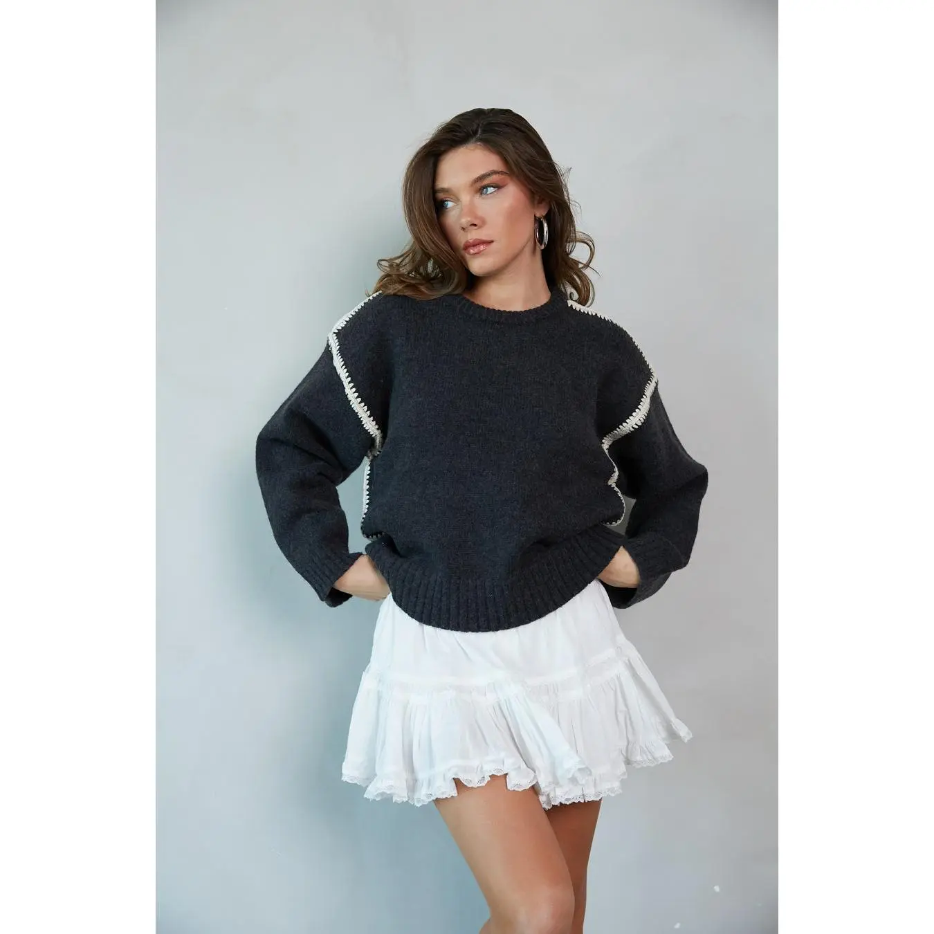 Oversized 2-Tone Knit Sweater for Women, Baggy Pullover Style with Contrast Stitching, Soft Polyester Acrylic Blend, Skirt, Casual