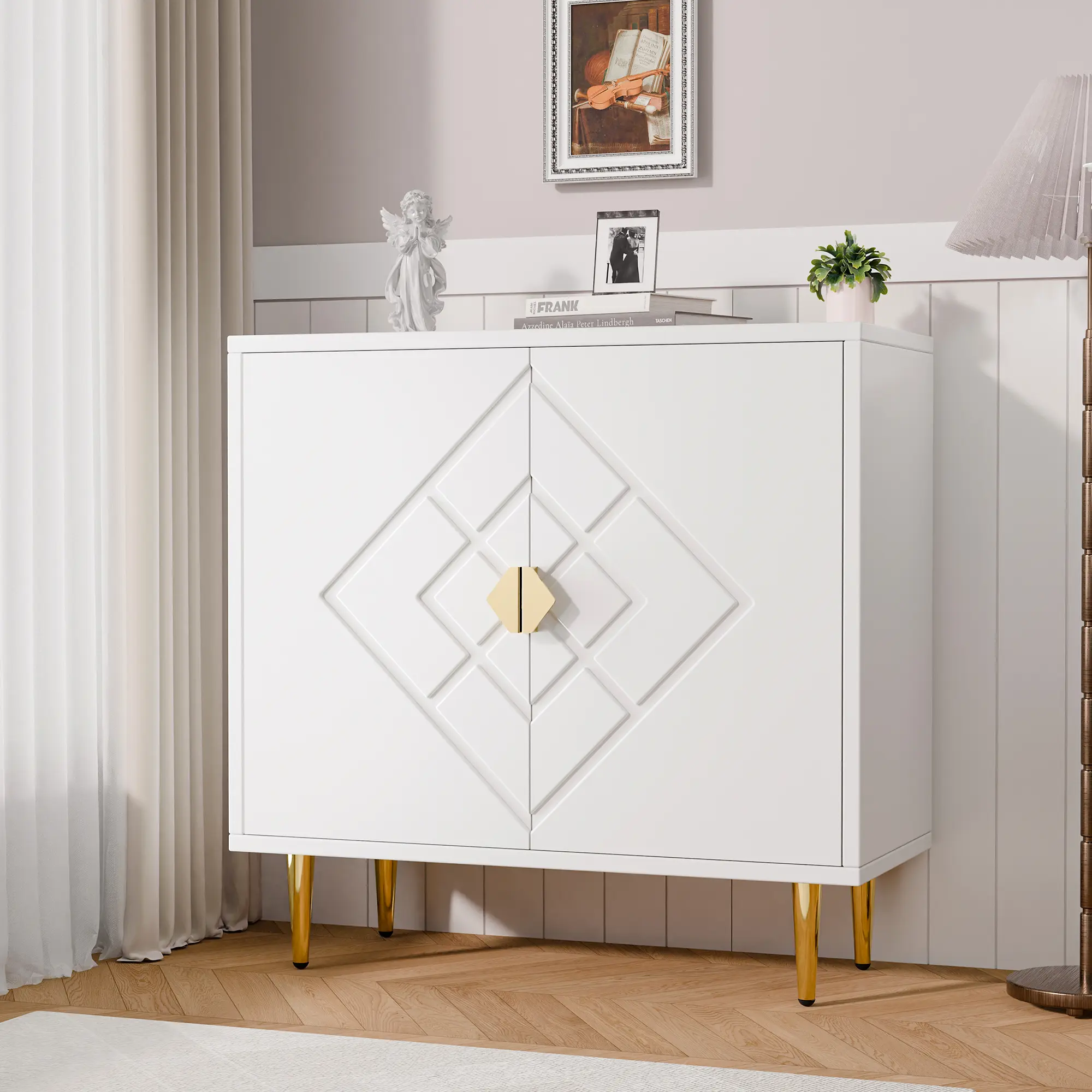 Topwin Modern Double Rhombus Pattern Door Cupboard Furniture - Sideboard Buffets Cabinet, Space Saving Adjustable Organizer Living Room Furniture, Stylish Minimal Aesthetic Storage Drawer Unit, Space Saving Furniture