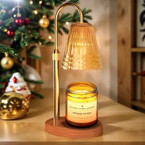 Limited Luxury Wax Warmer Lamp! Dimmable Aromatherapy Candle Lamp, Retro Glass Shade, Bedroom Ambient Sleep Aid Lamp，House Warming Gifts New Home,Gifts for Women, Golden Glass Shade, Wood Base