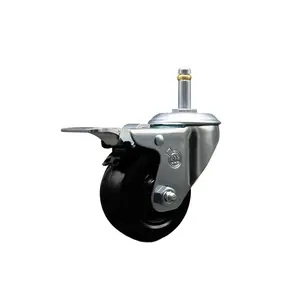 212 MAIN Hard Rubber Swivel Grip Ring Stem Caster - Lockable Swivel Rubber Pull Ring Castors, 3x1.25in Black Wheel, 0.43in Stem, Total Locking Brake, SCC-GRTTL20S314-HRS-716138 Model, Lockable Wheels