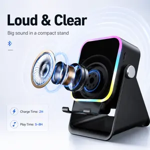 Wireless sensor audio speaker stand, 5-in-1 phone stand, 3500mAh rechargeable emergency power bank, 360° adjustable phone and tablet stand, with colored ambient light, suitable for both men and women.