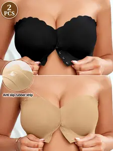 Women's Front Buckle Strapless Wirefree Bra Set, Seamless Comfort Fit, Anti-Slip Gathered Design, Suitable for Daily Wear & Special Occasions