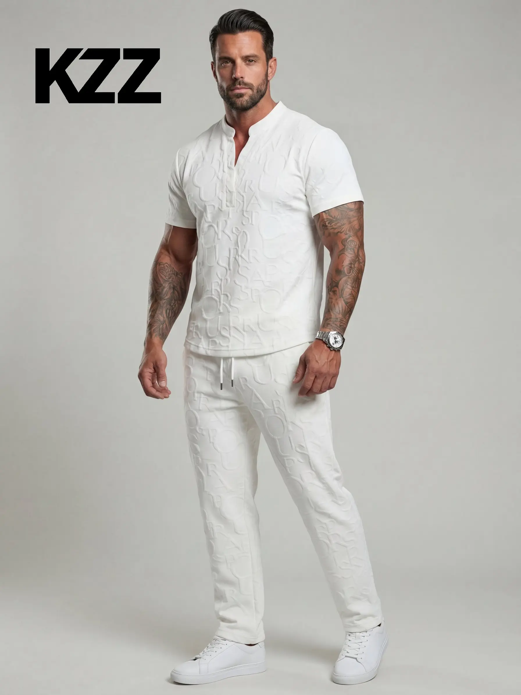 KZZ Men's 2-Piece Menswear Matching Set - Short-Sleeve Textured Letter-Embossed Notched Neck T-Shirt & Drawstring Elastic-Waist Regular-Fit Above-Ankle Pants with Pocket, Spring/Fall Casual Mens Clothing Gift for Him,father'sdaygifts Shortsleeve