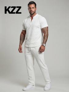 KZZ Men's 2-Piece Menswear Matching Set - Short-Sleeve Textured Letter-Embossed Notched Neck T-Shirt & Drawstring Elastic-Waist Regular-Fit Above-Ankle Pants with Pocket, Spring/Fall Casual Mens Clothing Gift for Him,father'sdaygifts