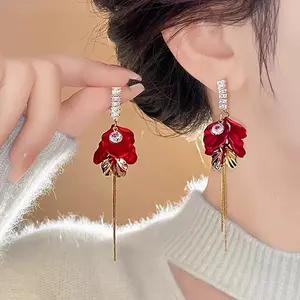925 Silver Pin Red Petal Tassel Drop Earrings, Fashion Long Elegant Festive Jewelry Accessories DZEH2161