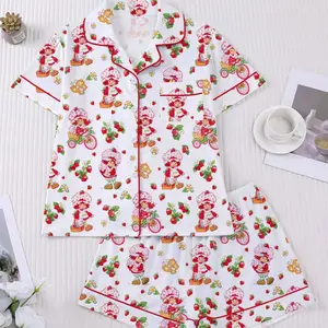 Women Strawberry Cartoon Print Pajamas Set, Short Sleeve Button Down Shirt with Elastic Waist Shorts, Soft Casual Home Loungewear Sleepwear for Ladies Daily Wear
