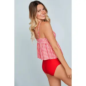 V Peplum Tankini Top - Red Gingham
