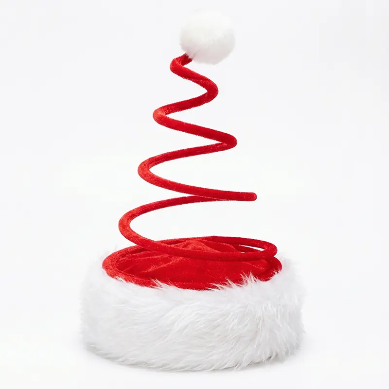 Christmas Spring Santa Hat, Funny Red Spiral Santa Headwear with Fluffy Pom Pom for Holiday Party Costume Decor