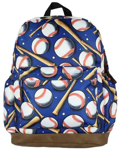 Baseball Sports Kids Backpack Batter Up! Homerun Boys 16" School Travel Book Bag Laptop Tech Sleeve Faux Leather Bottom