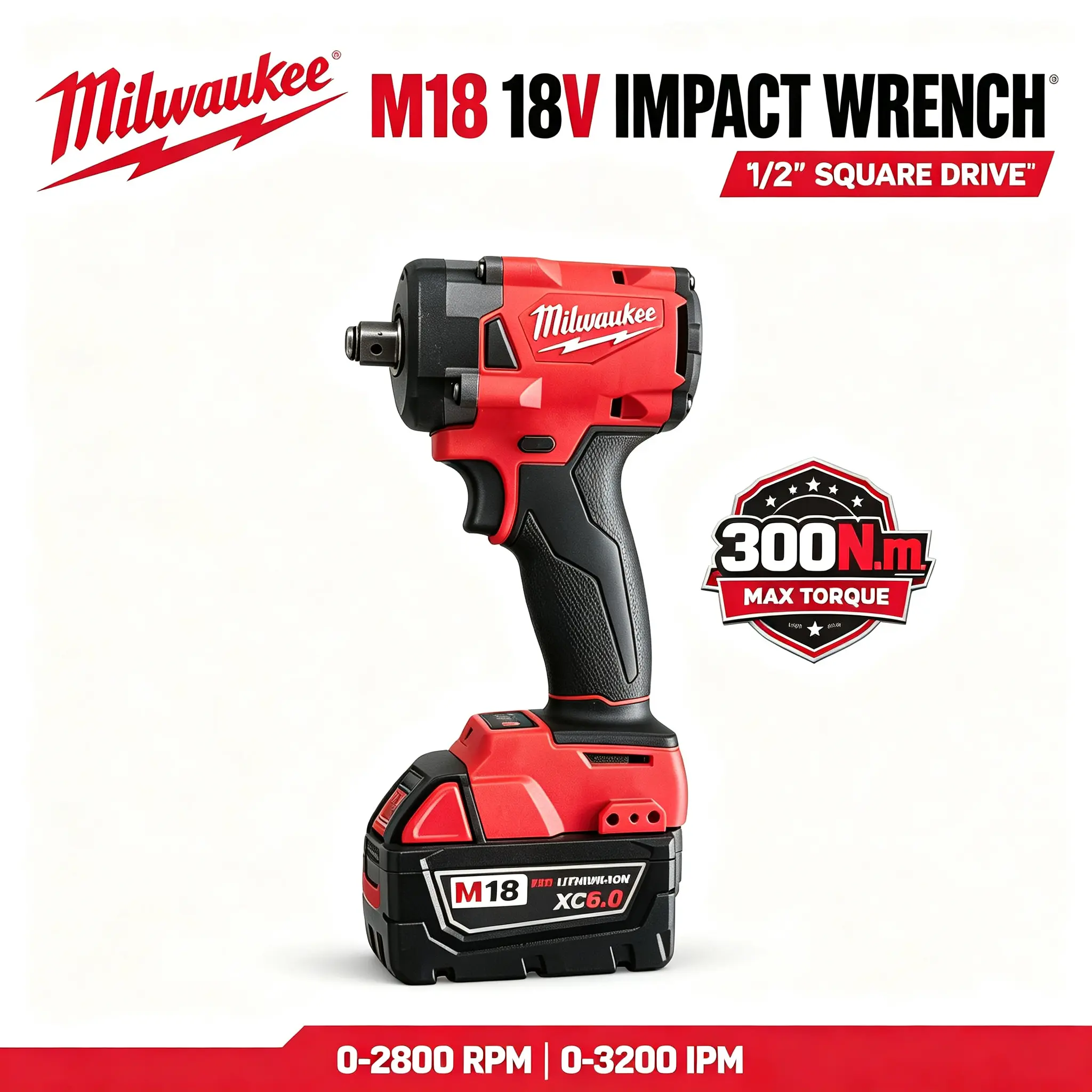 Milwaukee M18 Red Lithium-Ion Cordless Impact Speed Wrench, 1/2-in Square Drive, 300N.m,Compact High-Torque Brushless Tool, Heavy-Duty Detachable Hand Tool for Automotive Repair, Construction Work,speed wrenches