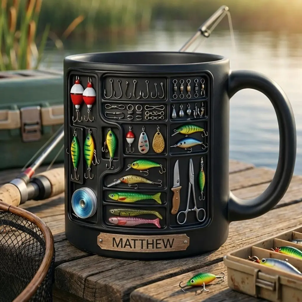 Personalized Fishing Mug, Custom Name Fishing Coffee Mug, Fisherman Gift for Him, Fishing Tackle Mug, Fishing Lover Cup