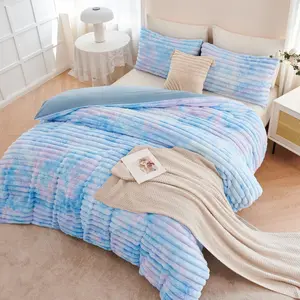 Blue Twin Size Duvet Cover Set for Girls Faux Fur Fluffy Kids Bedding Cover Set Tie Dye Striple Comforter Cover Soft Fuzzy Shaggy Kids Bed Cover Set(Blue Twin)