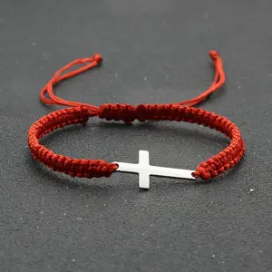 Simple stainless steel cross bracelet, hand-woven adjustable red string bracelet, couple's bracelet