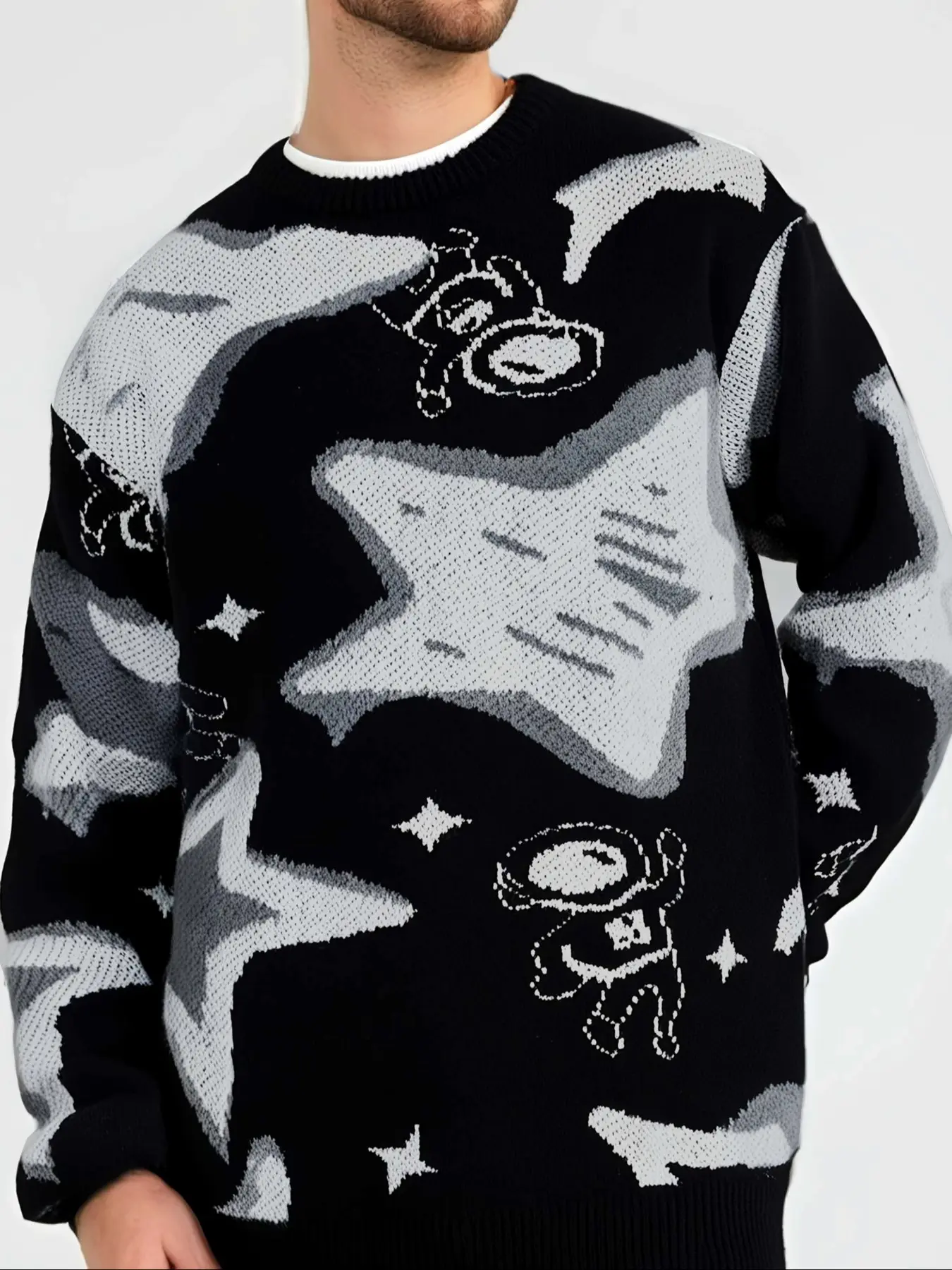Men's Casual Warm Knit Sweater with Irregular Starry Space Pattern, Micro-Elastic Round Neck Pullover for Autumn Winter Seasons