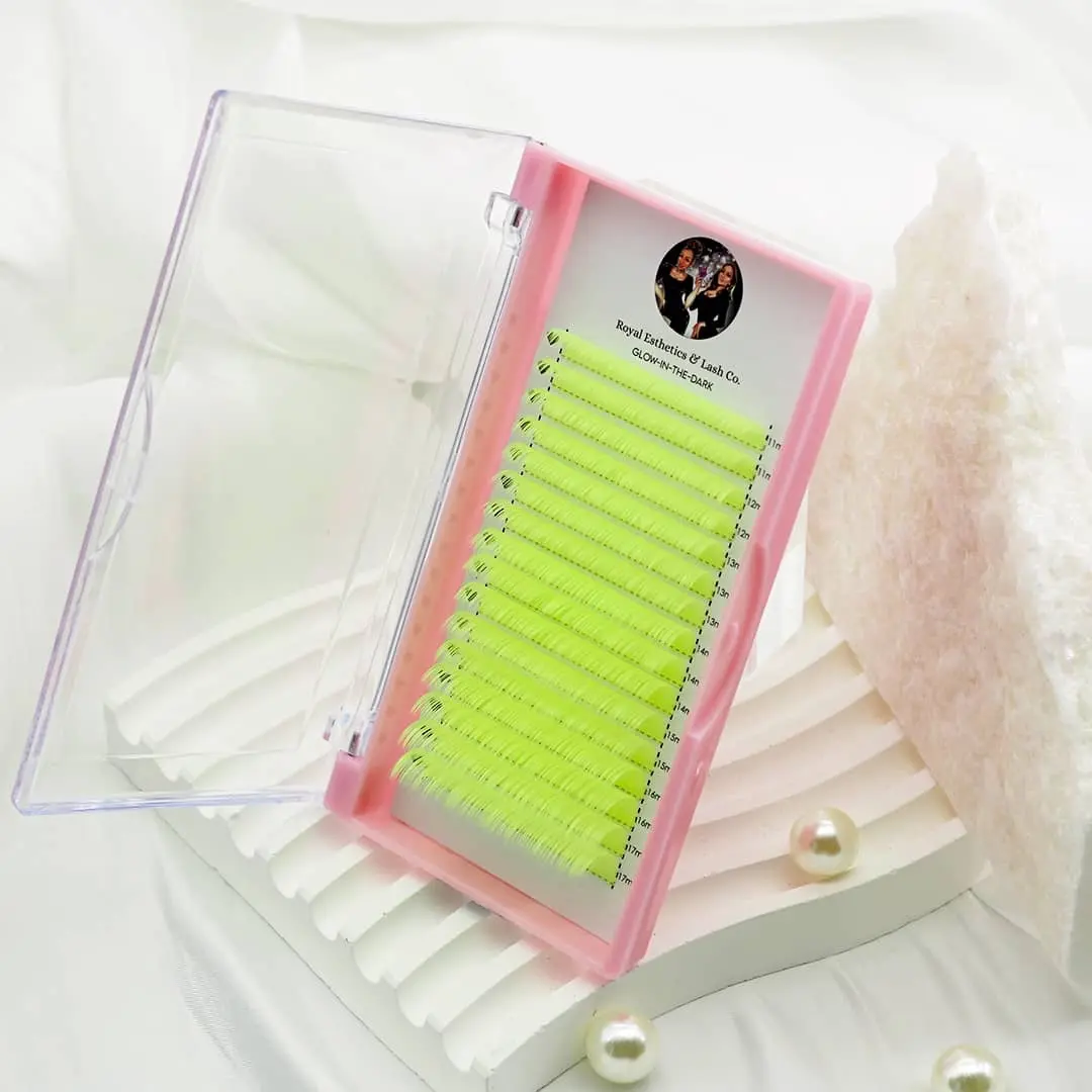 Neon UV Reactive Lashes, Easy-Fanning Glow in the Dark Makeup for Celebration, Korean PBT Fiber, 0.03mm, Professional 16-Row Tray with Mixed Lengths 11-17mm, Neon Pink