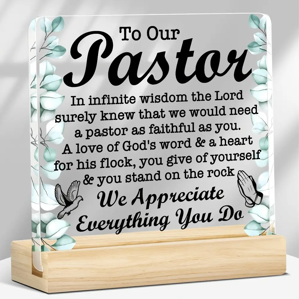 Christian Acrylic Desk Decor Prayer Sign with Wooden Stand, 2D Flat Elegant Eucalyptus Leaf Border Dove Design, 13cm Height Decorative Religious Gift for Church Leaders - Study Home Office Desktop Display Plaque, Birthday, Christmas