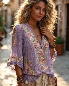 2026 Summer New Retro Bohemian Women's Soft Gauze Shirt Floral Patchwork Printed Ethnic Style V Neck T-shirt Casual Top for Vacation Daily Wear