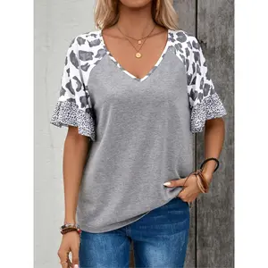 [Plus Size]Leopard Print V Neck Tee, Casual Short Sleeve T-shirt for Summer, Women's Plus Clothing for Daily Wear