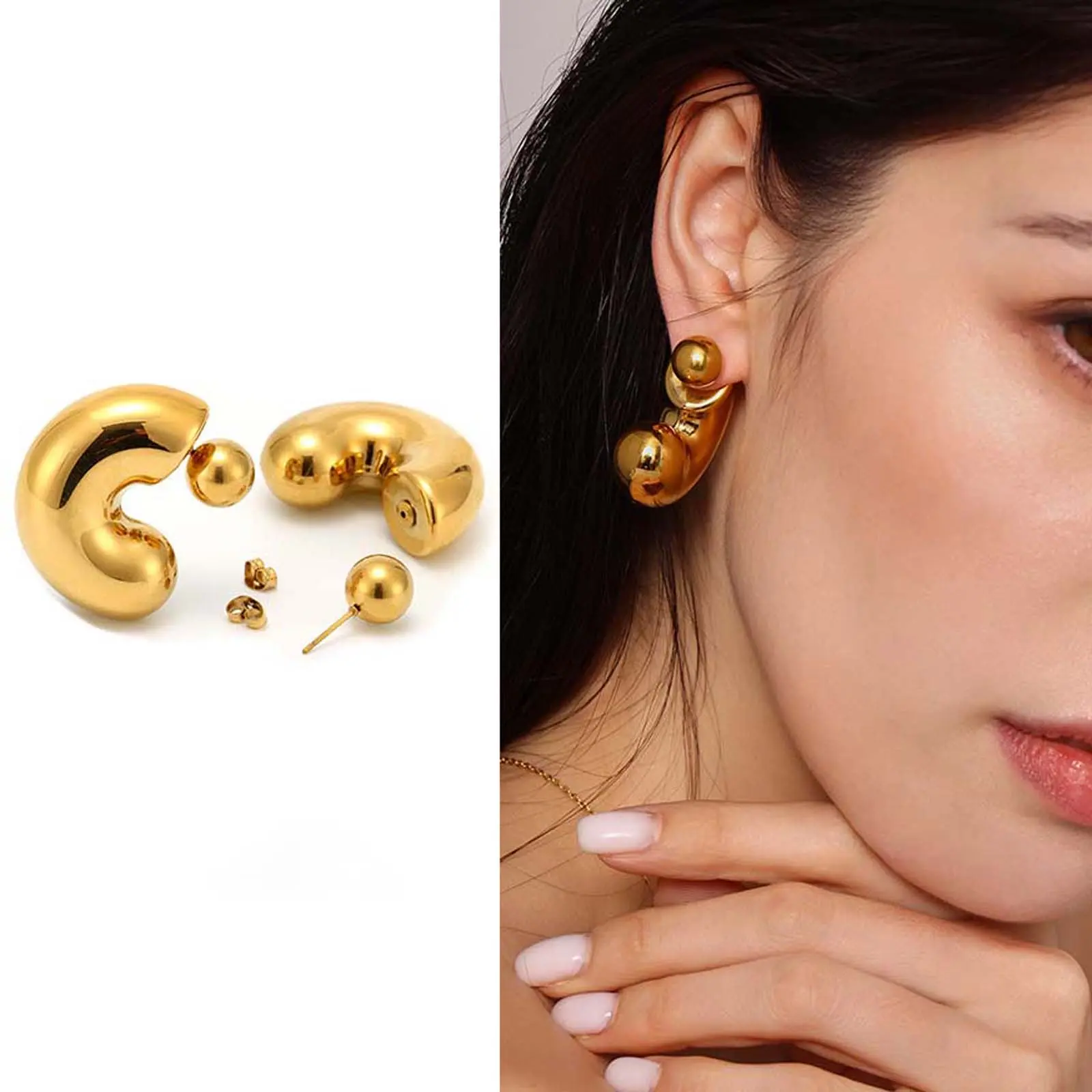 Women's C-Shaped Round Bead Artificial Gemstone Earrings - 2-Wear Geometric Minimalist Fashion Accessory, Business Statement Jewelry, Versatile Earrings for Modern Female Daily Matching Customizable Piece, Casual Trendy Jewelry, Minimalist Earrings