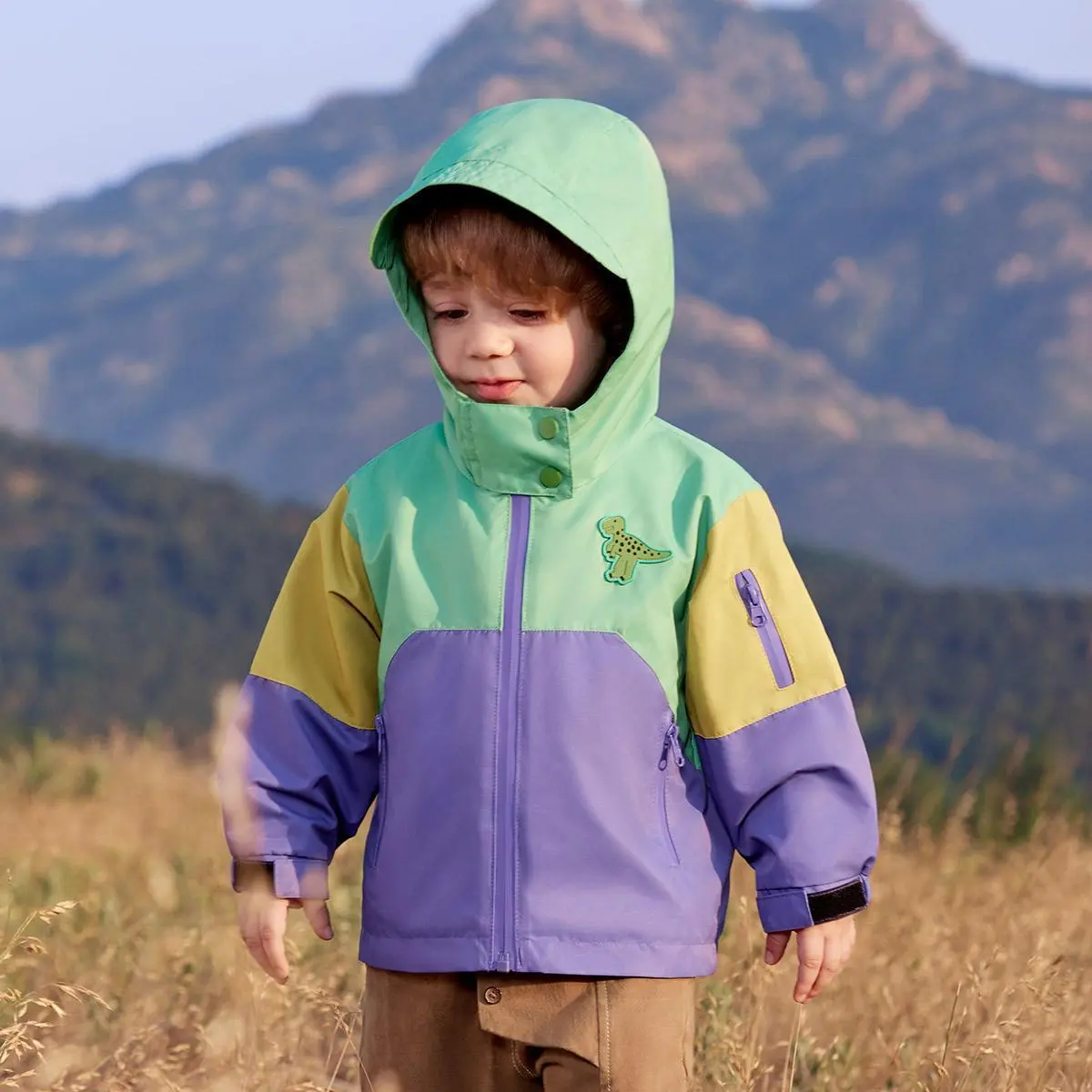 CICIIBEAR Toddler Boys' Soft Shell Jacket, Color-Block Dinosaur Print Hooded Windbreaker, Waterproof, Stain-Resistant & Breathable for Outdoor Adventures