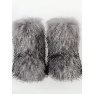 Flat Heel High Top Winter Boots With Thick Faux Fox Fur, Round Toe, Mid-Calf, Warm Plush Snow Boots Women Girl
