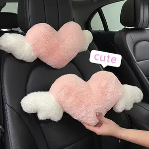 2pcs Plush Cute Heart Car Pillow with Angel Wings - Comfortable Neck Support for Seat - Fashionable Fabric Interior Accessories for Women's Car