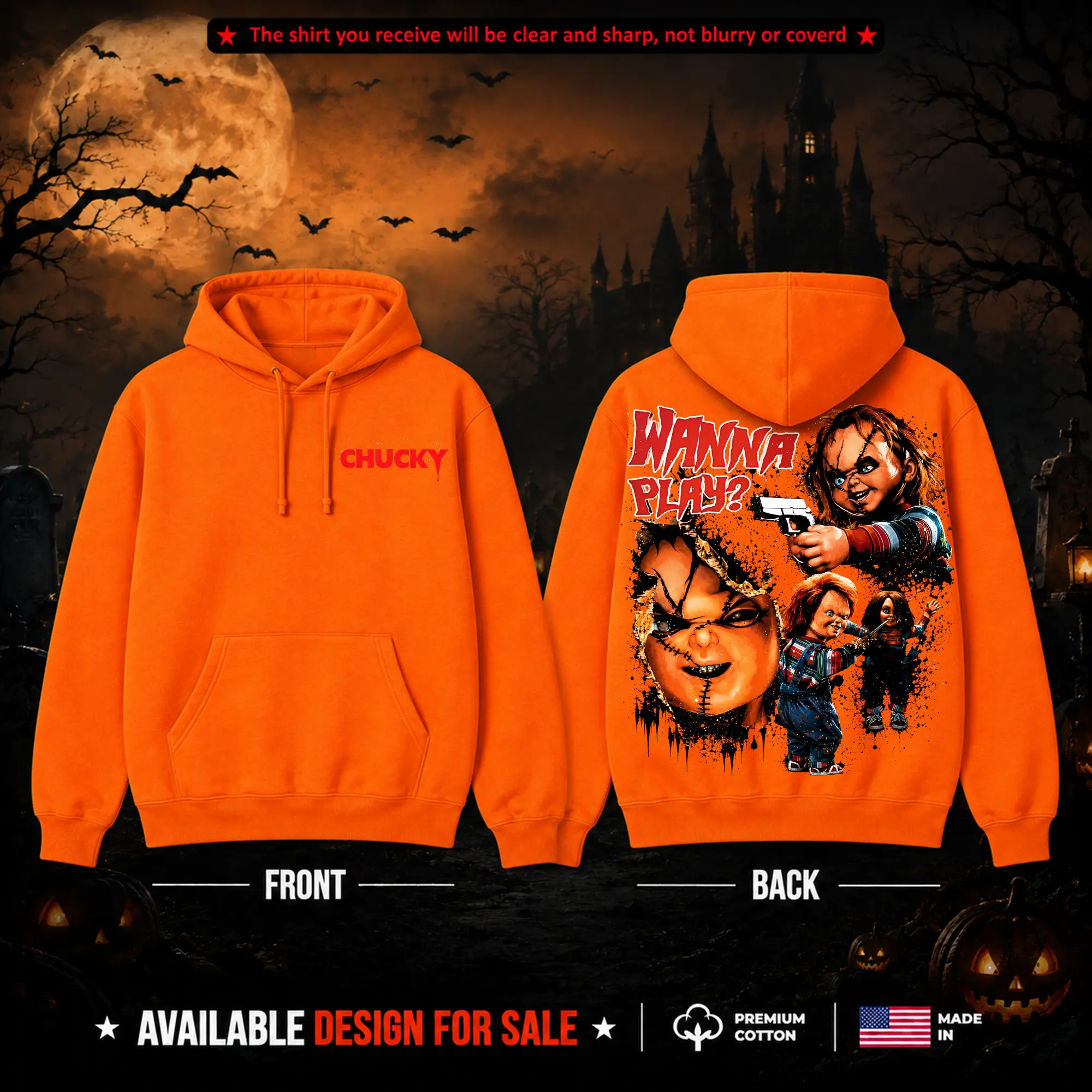 Chucky Child's Play Premium Hoodie 100% Cotton (Made In US), Child's Play Horror Movie Graphic Shirt, Good Guys Halloween Idea Outfit, Legend Horror Movie Fans Gift