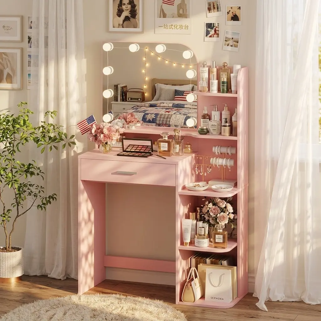 32" Makeup Vanity Desk with Mirror & Lights, Vanity Set with Storage Shelves and Drawer, 3 Color Lighting Dressing Table for Girls Women Bedroom