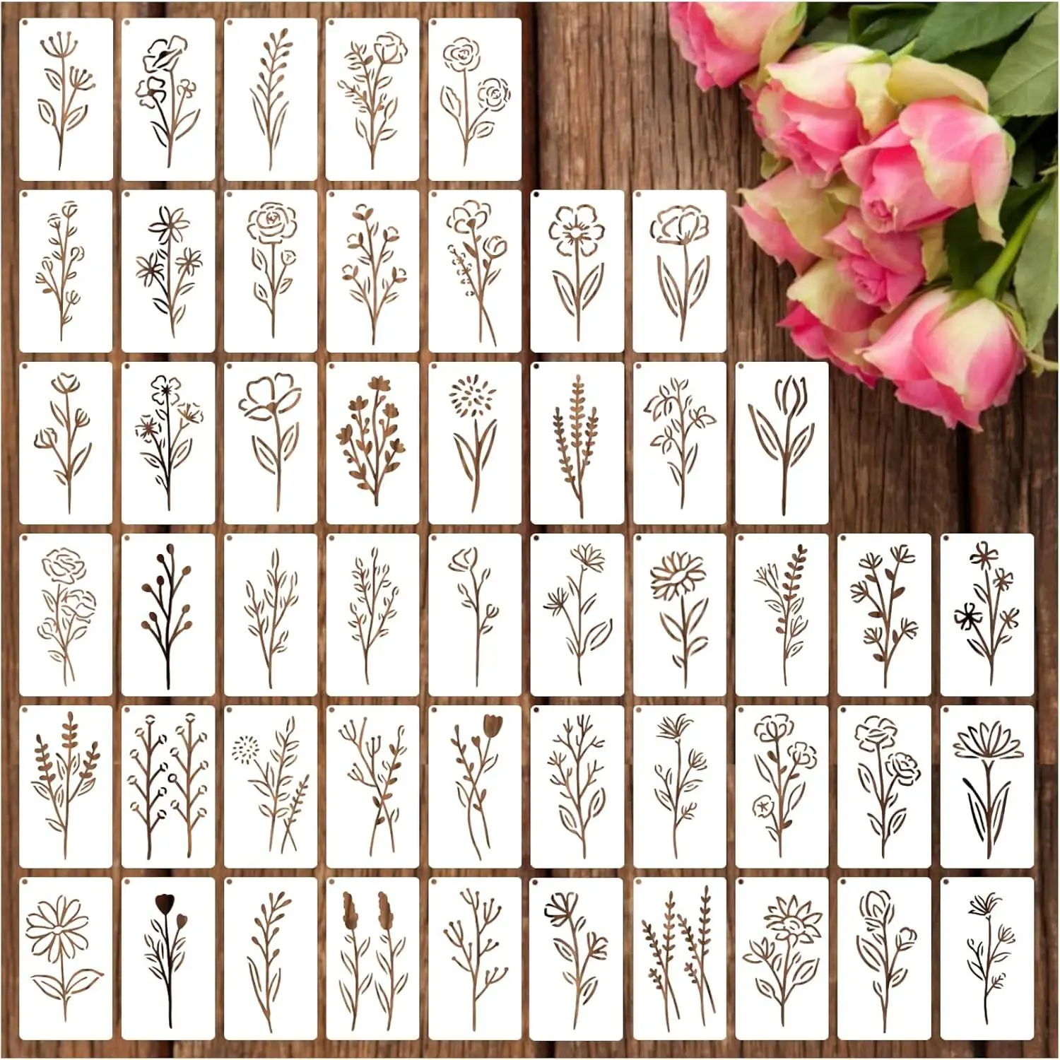 Botanical Flower Stencils for Crafts Small Wildflower Floral Paint Stencil Painting on Wood Card Making Tiny Nature Vine Herb Essential Art Adults Kids Furniture Walls (50 flowers 2)