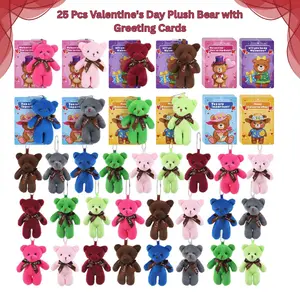 25 Pack Valentine’s Day Plush Bears with Cards – 4.7” Mini Stuffed Animal Keychain Toys for Kids Boys & Girls, Classroom Valentine Exchange Prizes, Party Favors & Goodie Bag Fillers